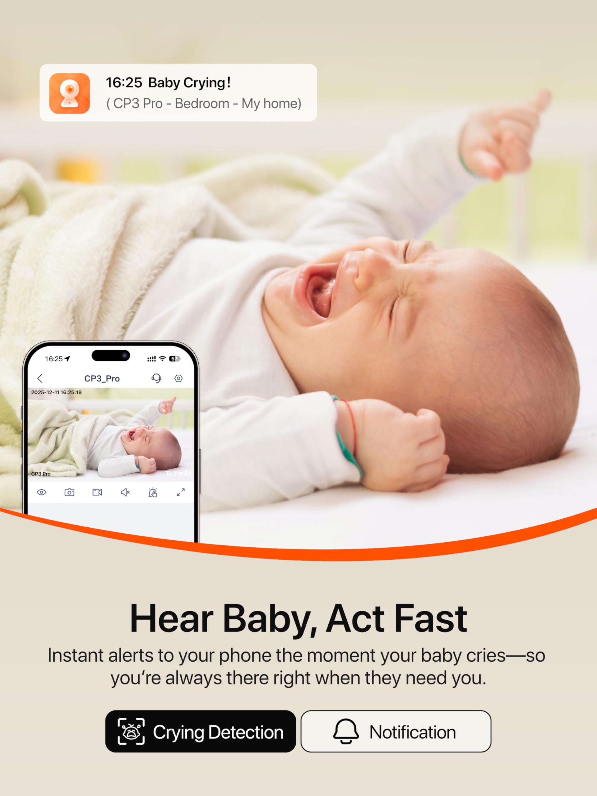 Tenda CP3 Pro 2K AI alerts highlight motion near crib or pet bed