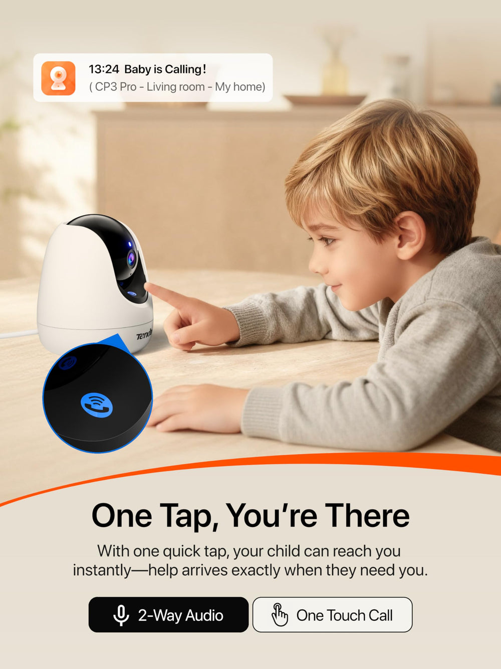 Tenda CP3 Pro 2K one-touch calling button for quick family communication