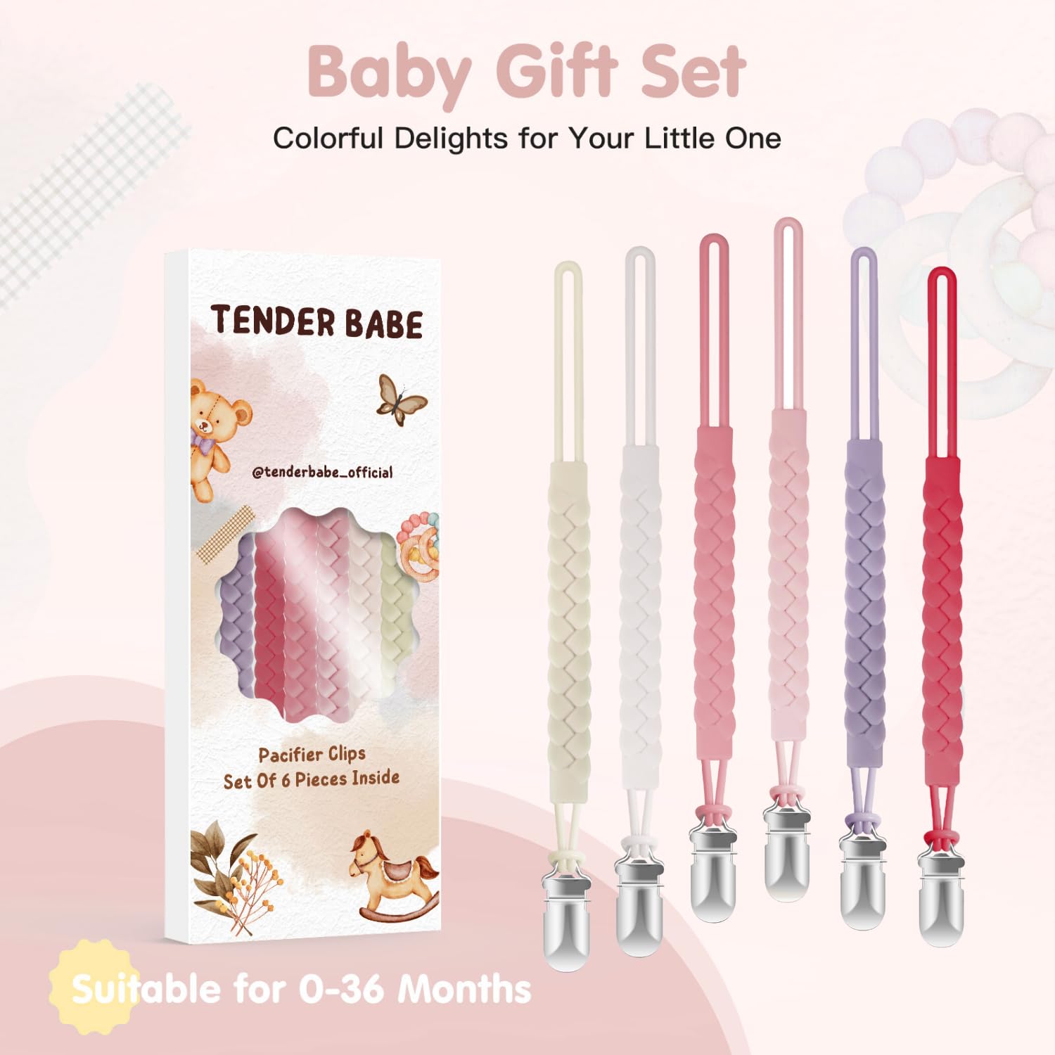 TenderBabe six-pack pacifier clips ready for daily use anywhere.