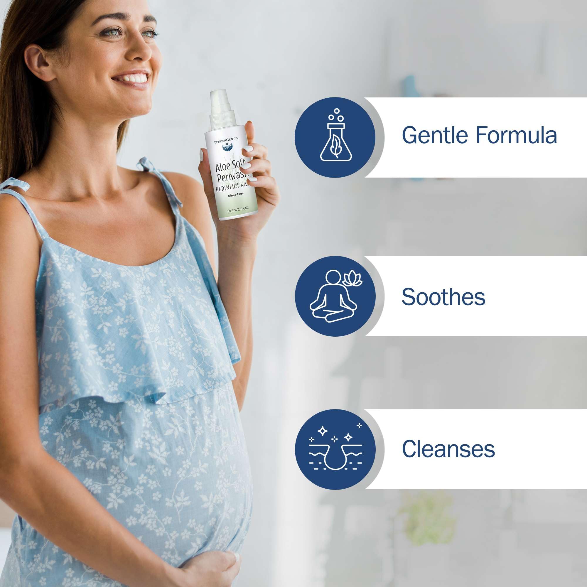 TenderGentle Aloe Soft Perineal Spray mist-dispense close-up for rinse-free cleansing.