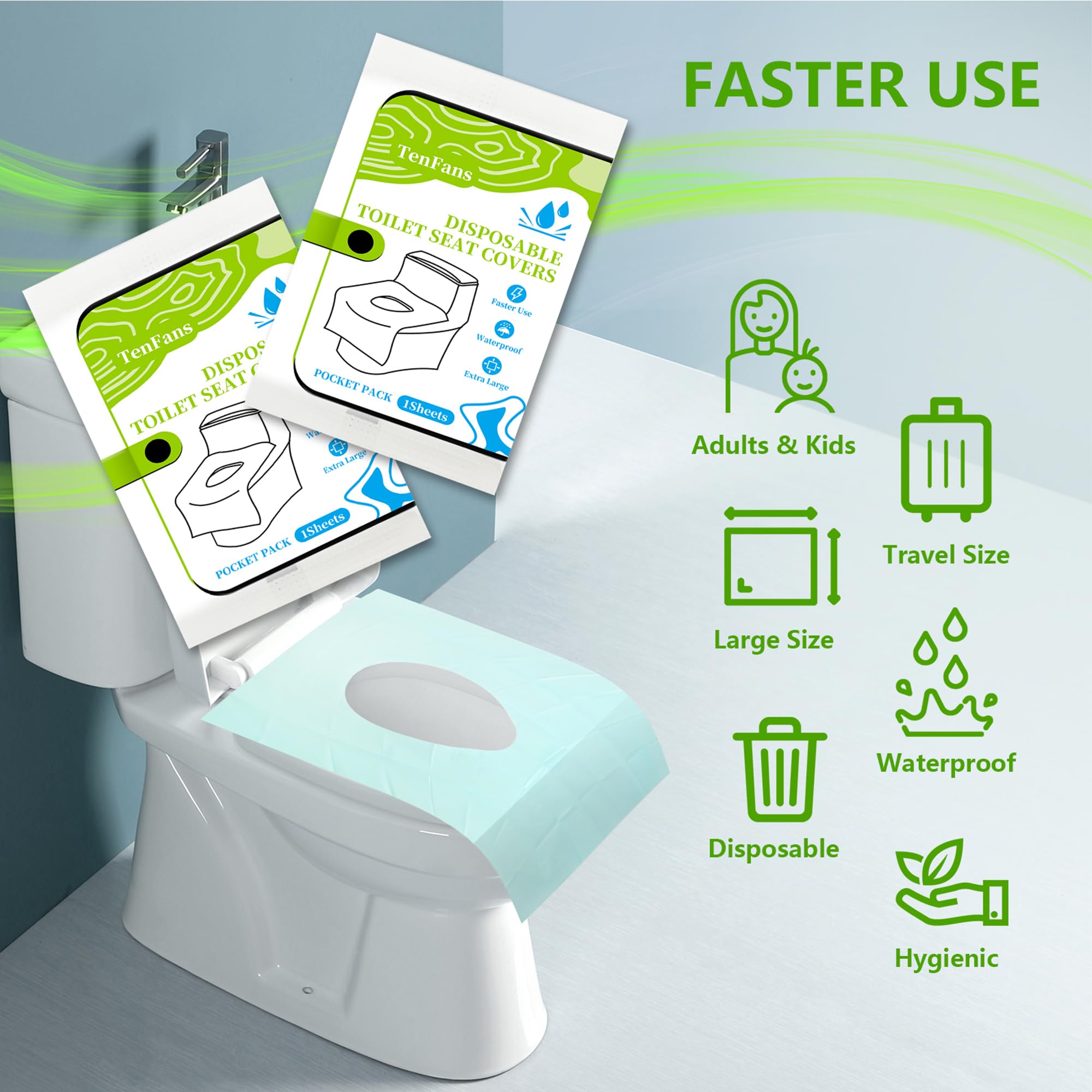 TenFans disposable covers unfolded on a toilet seat showing fast setup.