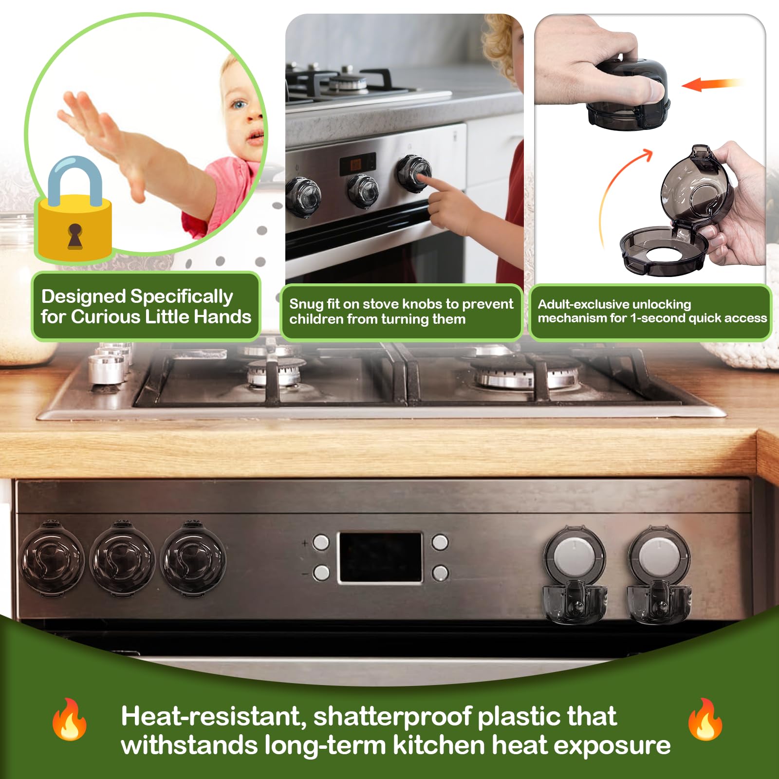 TENGYYY stove knob safety covers kit layout demonstrates universal fit for many stoves.
