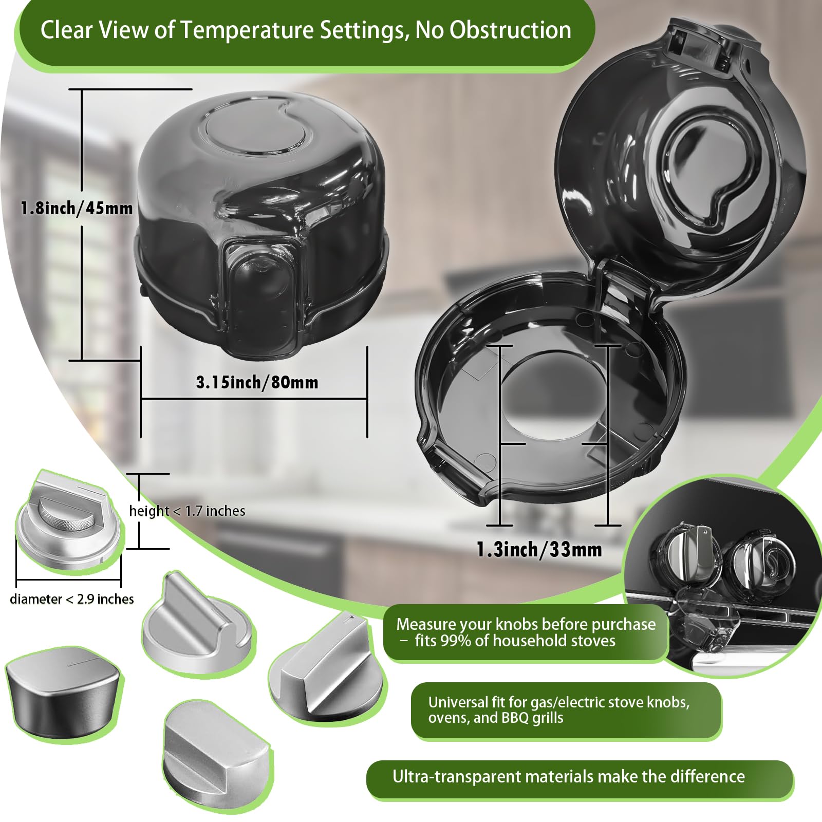 TENGYYY stove knob safety covers installed on stove knobs showing clear guards in use.