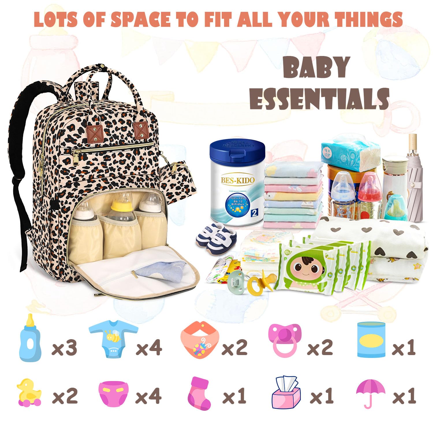 Tenot leopard-print diaper bag includes a foldable changing pad for quick changes.