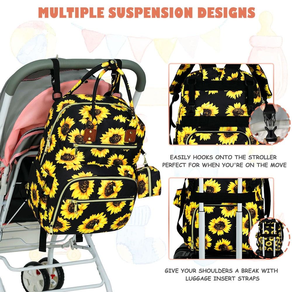 Tenot diaper bag interior with multiple pockets for diapers, wipes, bottles, toys.
