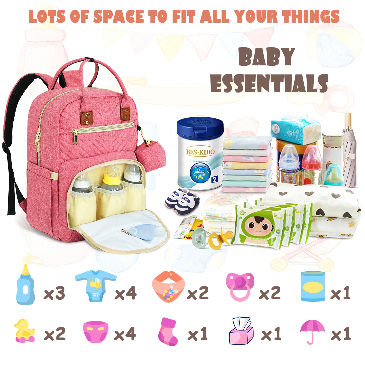 Tenot diaper bag backpack featuring stroller straps for hands-free travel.