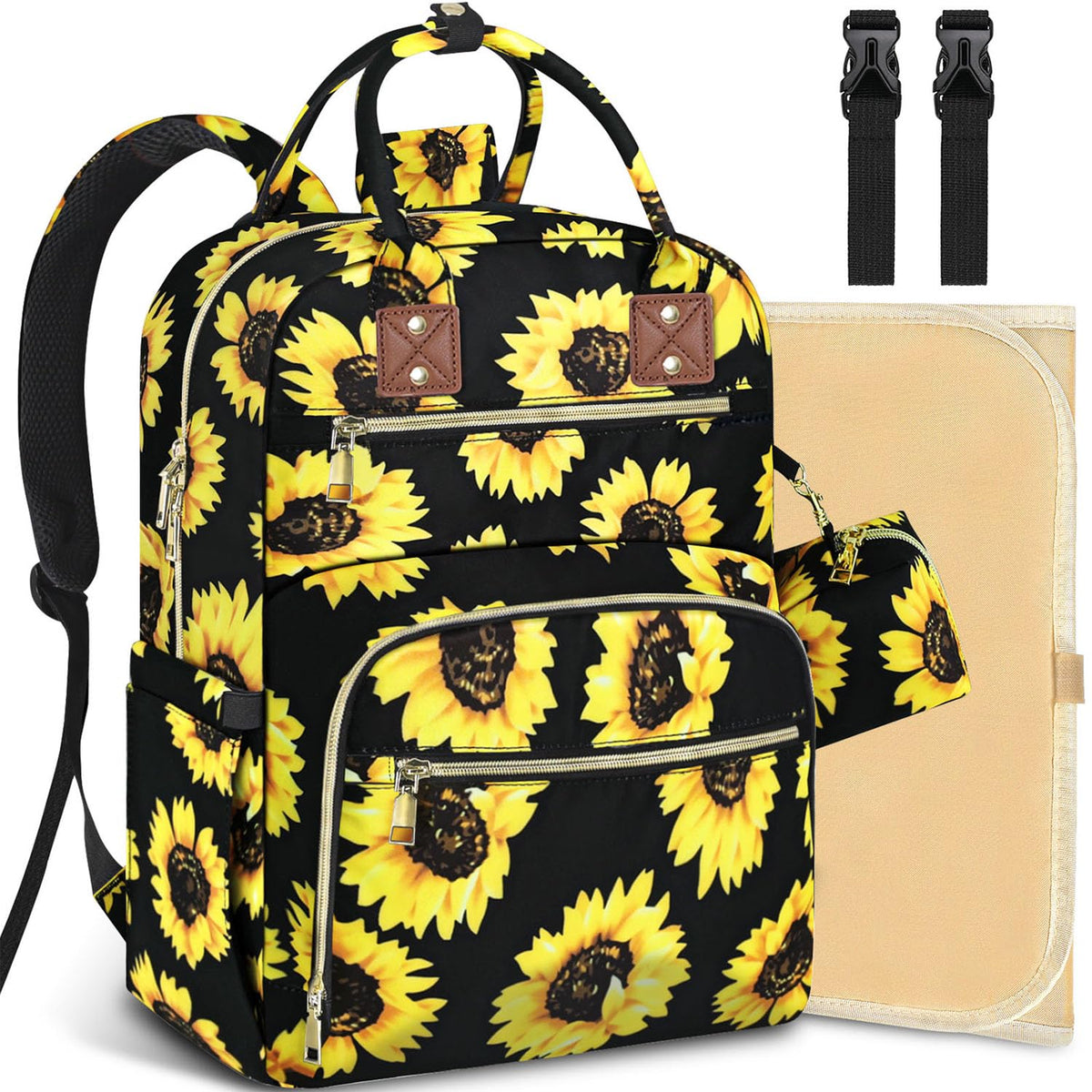 Tenot baby diaper bag backpack with sunflower front view, durable and spacious for quick trips.