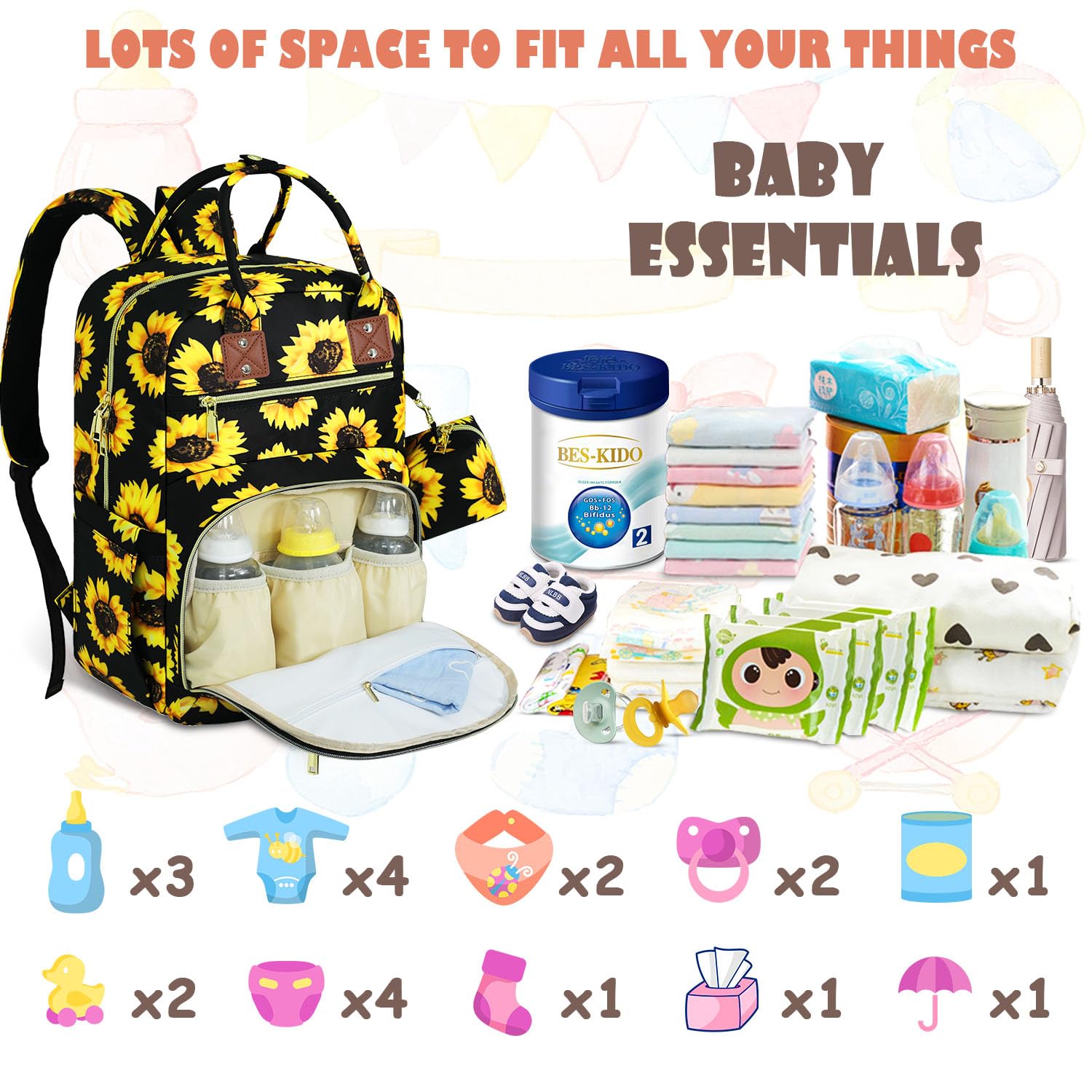 Tenot diaper bag backpack sunflower side view, easy organization on the go.