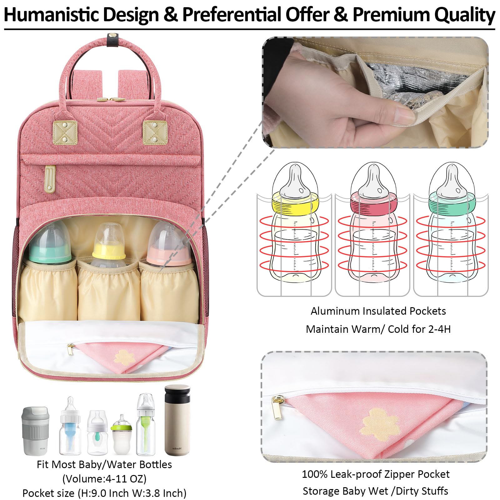 Tenot diaper bag interior with 10 pockets for organized storage of diapers, wipes, and bottles.