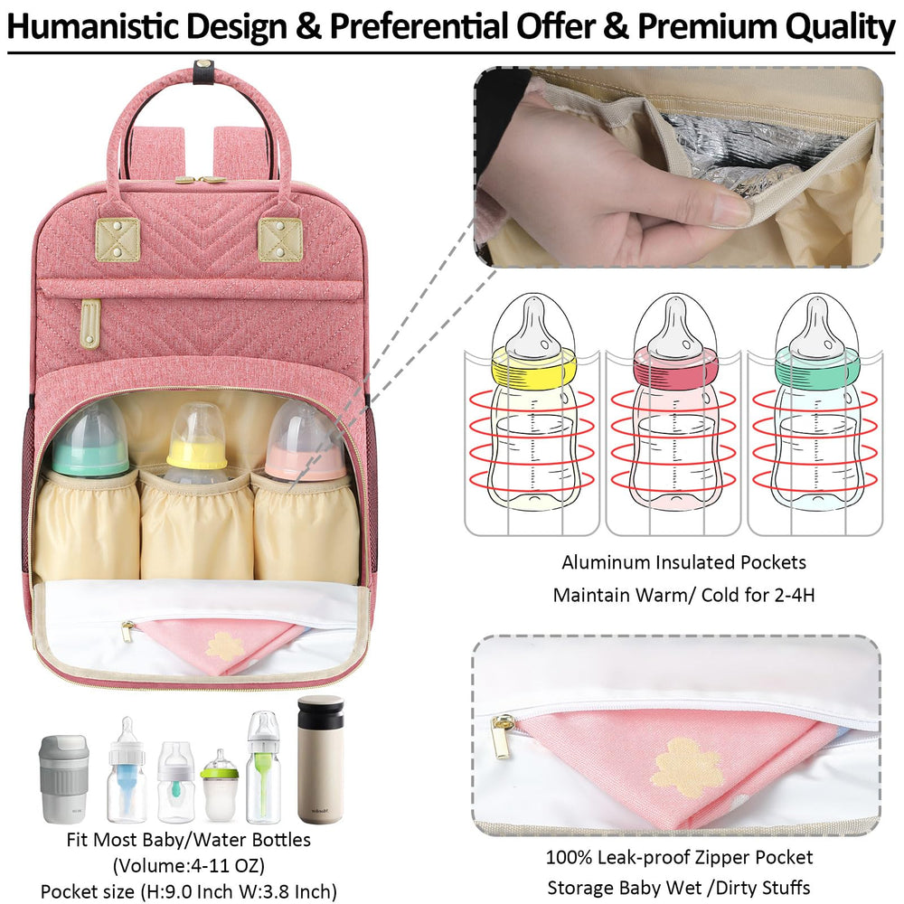 Tenot diaper bag interior with 10 pockets for organized storage of diapers, wipes, and bottles.