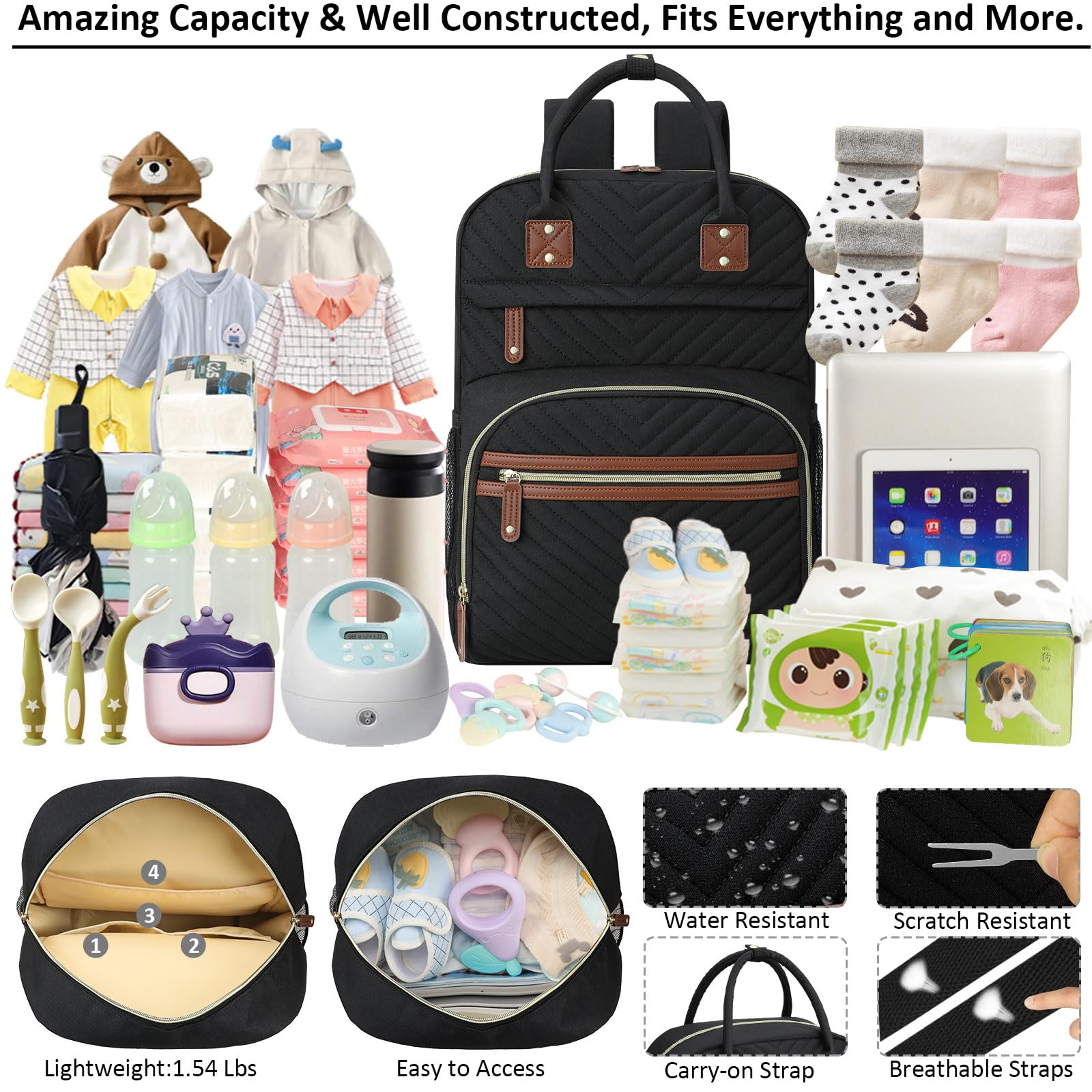 Tenot diaper bag back‑pack showing organized internal pockets for quick access