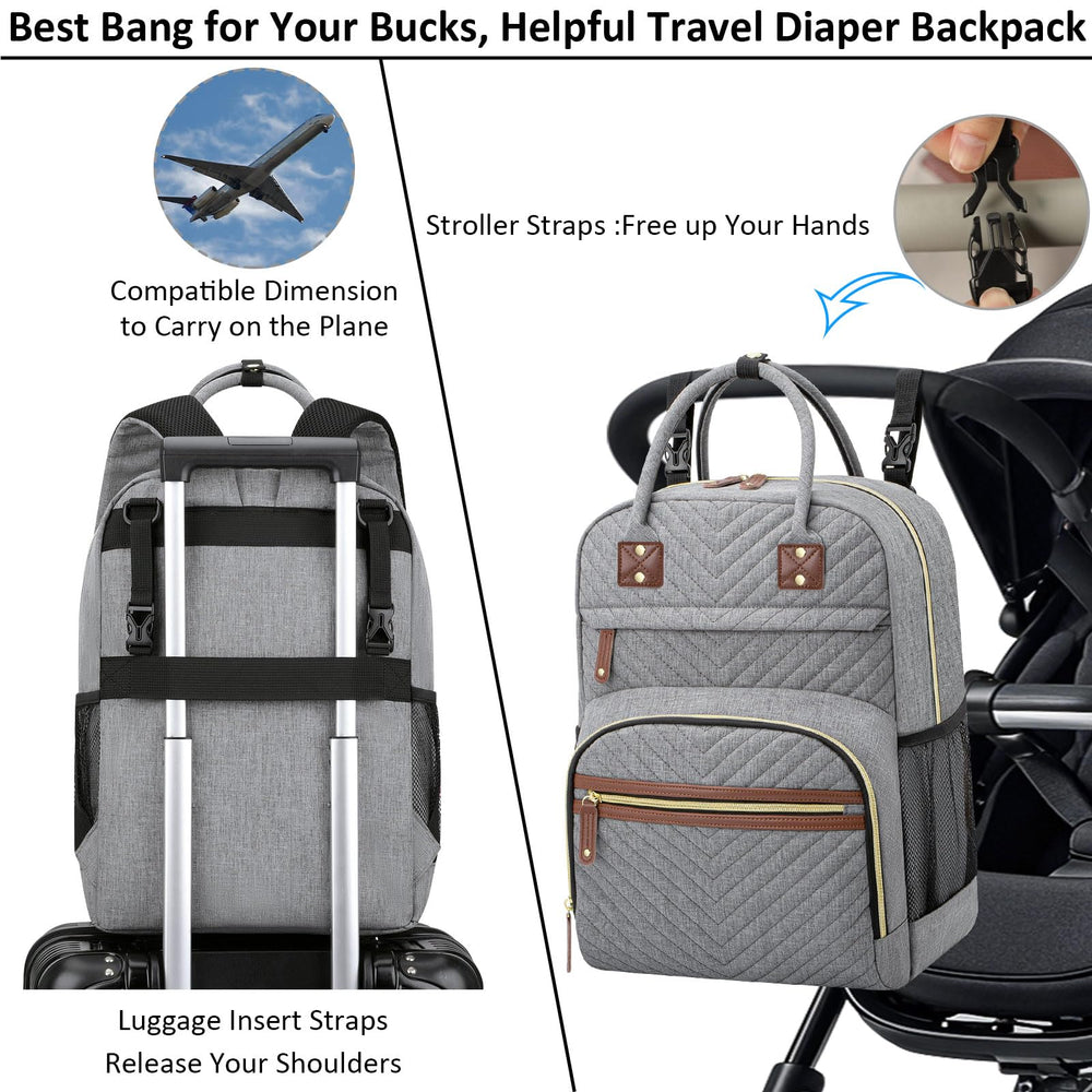 Tenot diaper bag includes detachable stroller straps for hands-free travel.