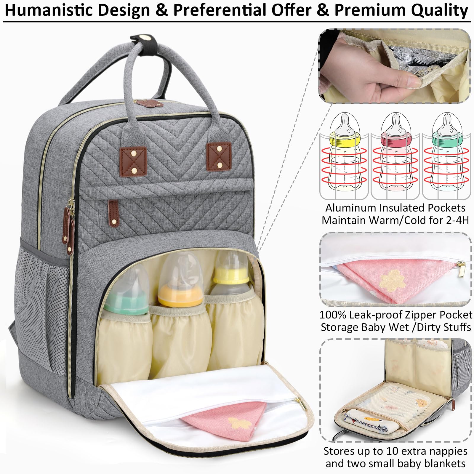 Tenot grey diaper bag backpack showing the changing pad pocket in use