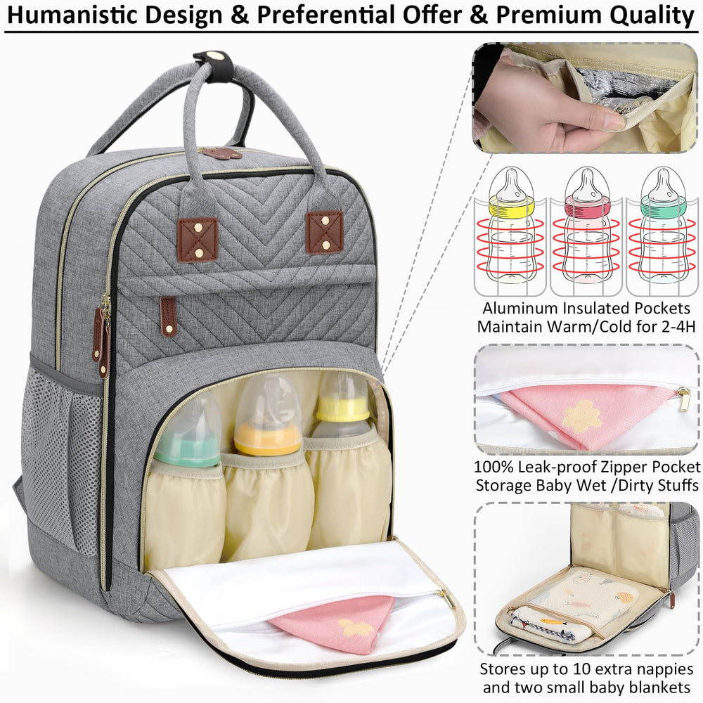 Tenot grey diaper bag backpack showing the changing pad pocket in use