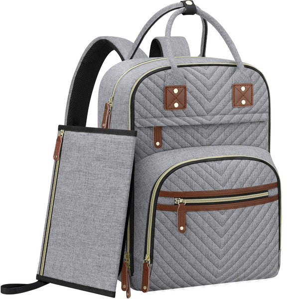 Tenot diaper bag backpack in grey, front view with changing pad for on-the-go changes