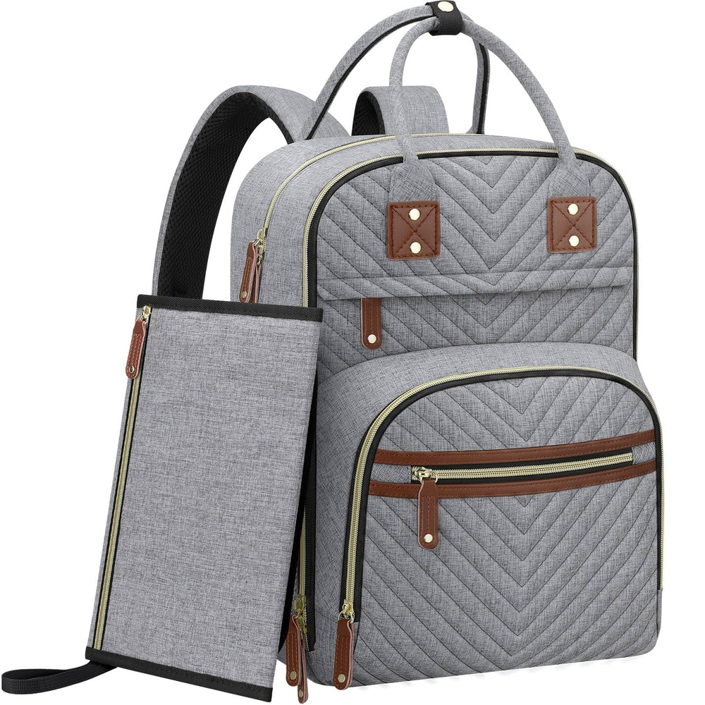 Tenot diaper bag backpack in grey, front view with changing pad for on-the-go changes
