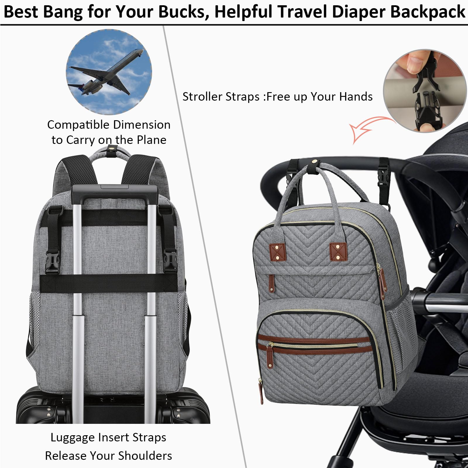 Tenot grey diaper bag backpack with detachable stroller straps for hands-free outings