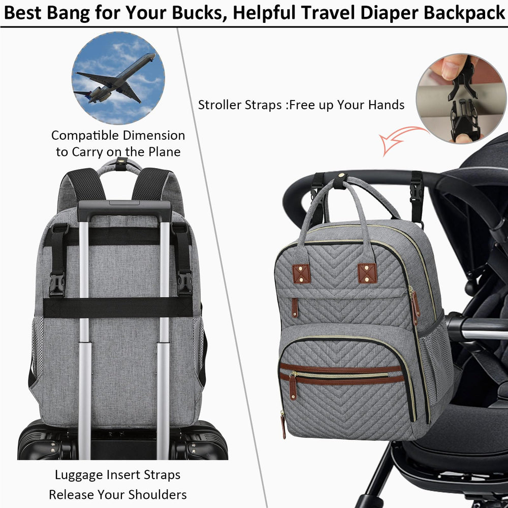 Tenot grey diaper bag backpack with detachable stroller straps for hands-free outings