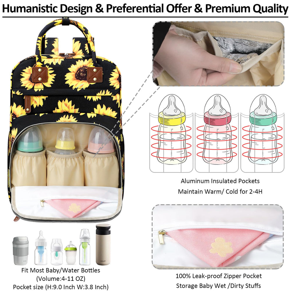Tenot diaper bag backpack showing insulated pockets to keep bottles warm or cool