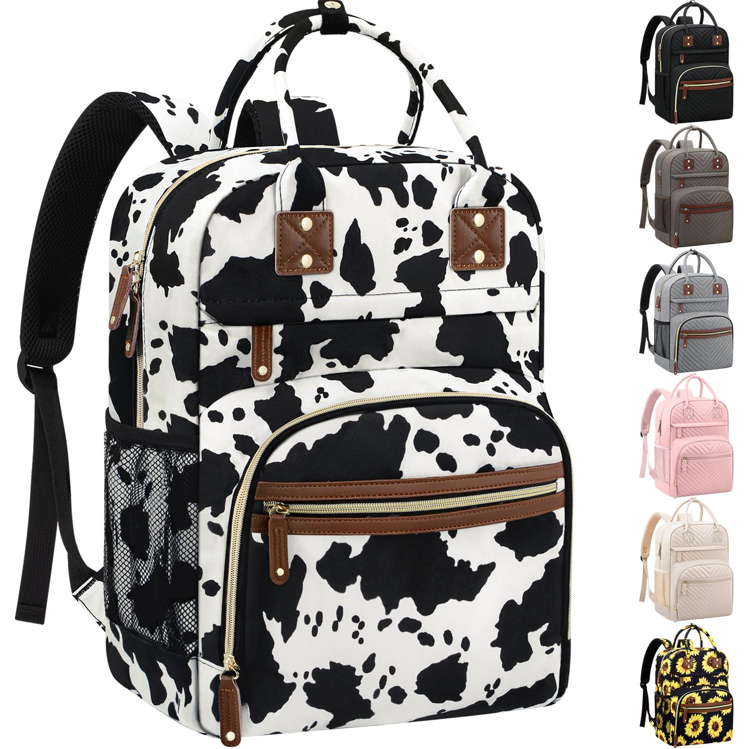 Tenot diaper bag cow print front view showing large main compartment.