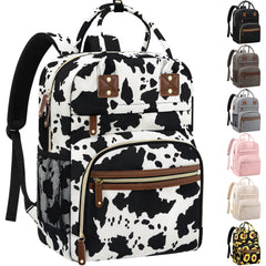 Tenot diaper bag cow print front view showing large main compartment.