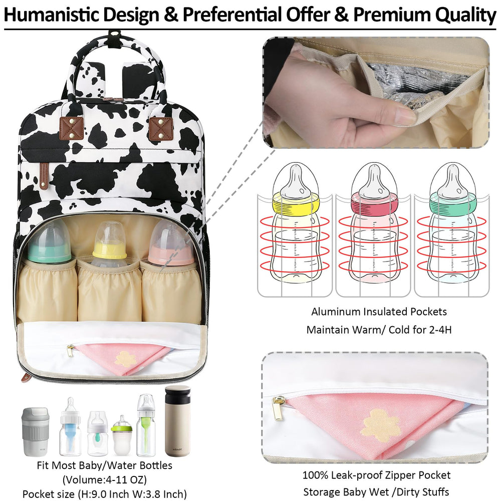 Tenot cow print side pocket for easy access to wipes or bottle.