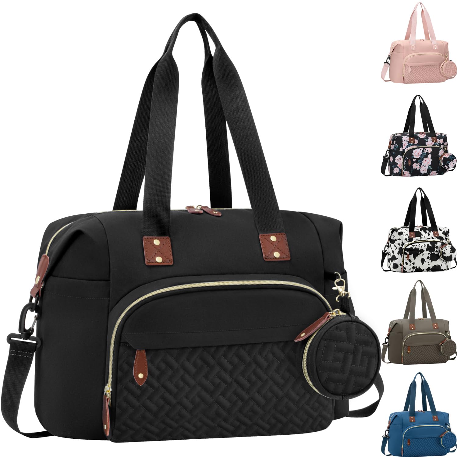 Tenot diaper bag tote front view shows sleek black style and quick-access design.