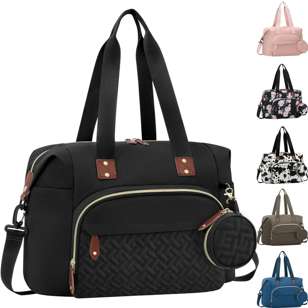 Tenot diaper bag tote front view shows sleek black style and quick-access design.
