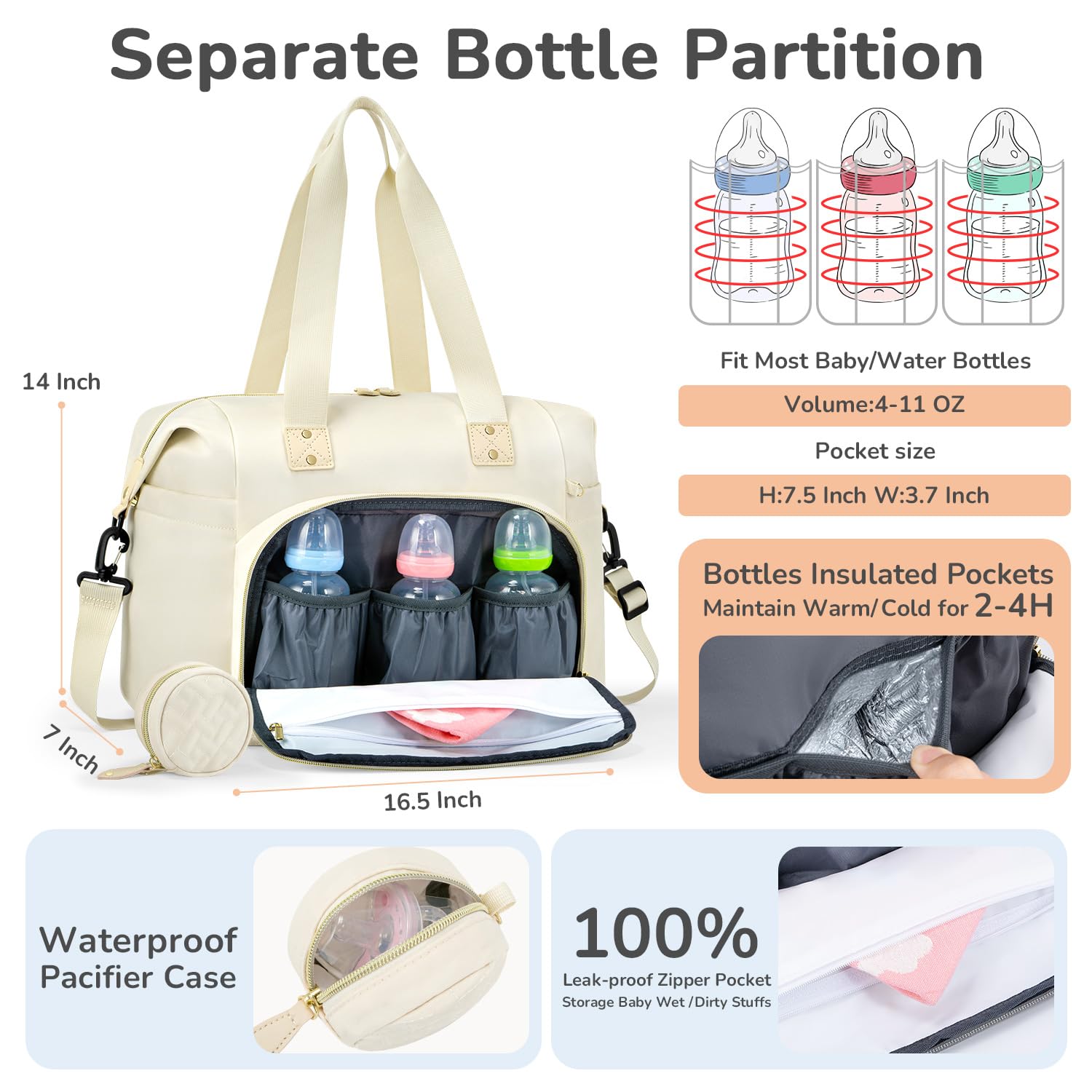 Tenot tote shows insulated bottle pockets for warm or cold feeds.