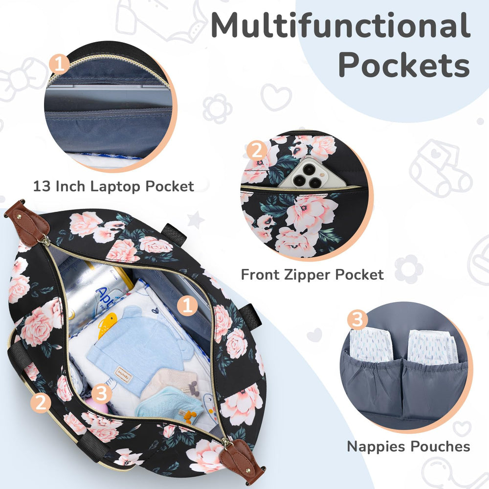 Tenot diaper bag tote interior layout shows organized 10-pocket design