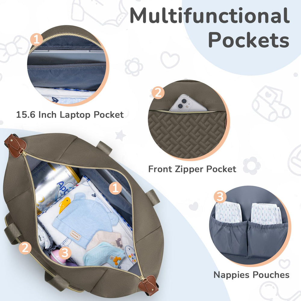 Tenot diaper bag tote interior view emphasizes 10 pockets for diapers, bottles, and toys