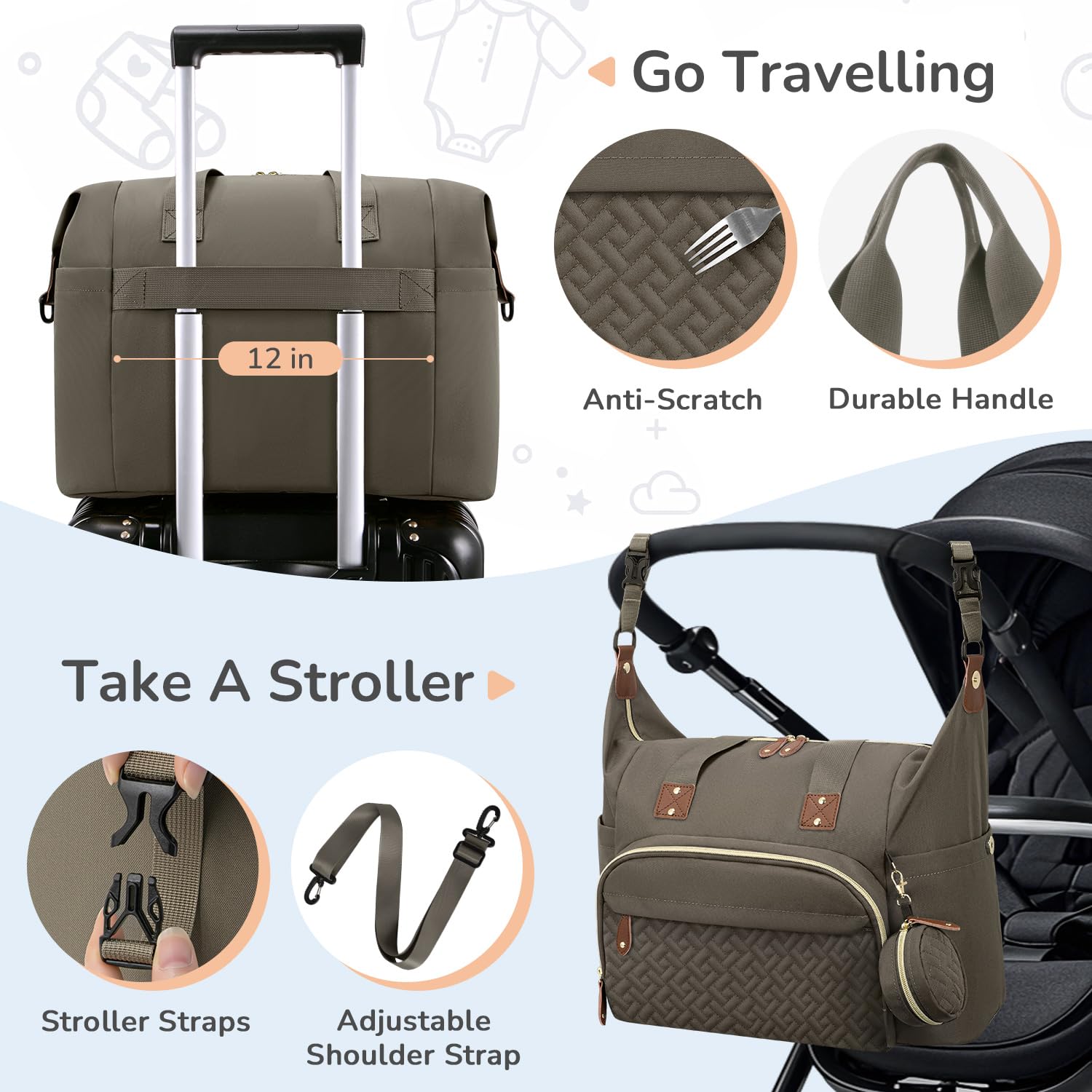 Tenot diaper bag tote with pram clip for hands-free strolling