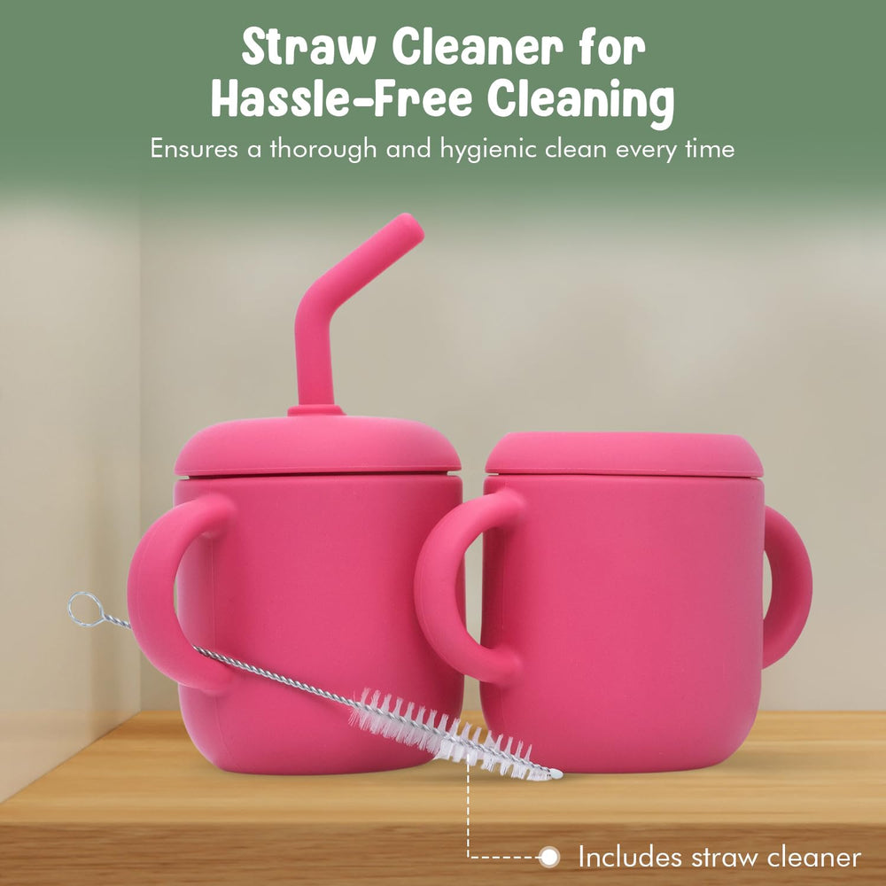 Teo pink 3-in-1 cup promotes independent drinking and snacking