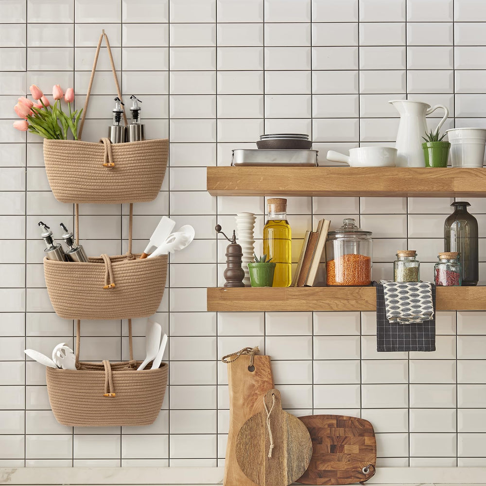 TeoKJ 3-Tier basket in living room decor offering spacious organization.
