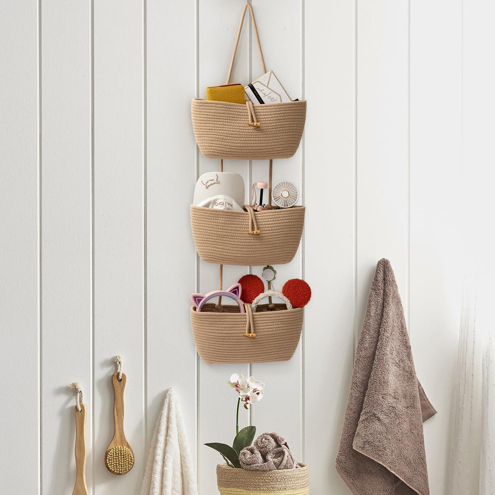 TeoKJ 3-Tier cotton rope basket in nursery storage for toys and diapers.