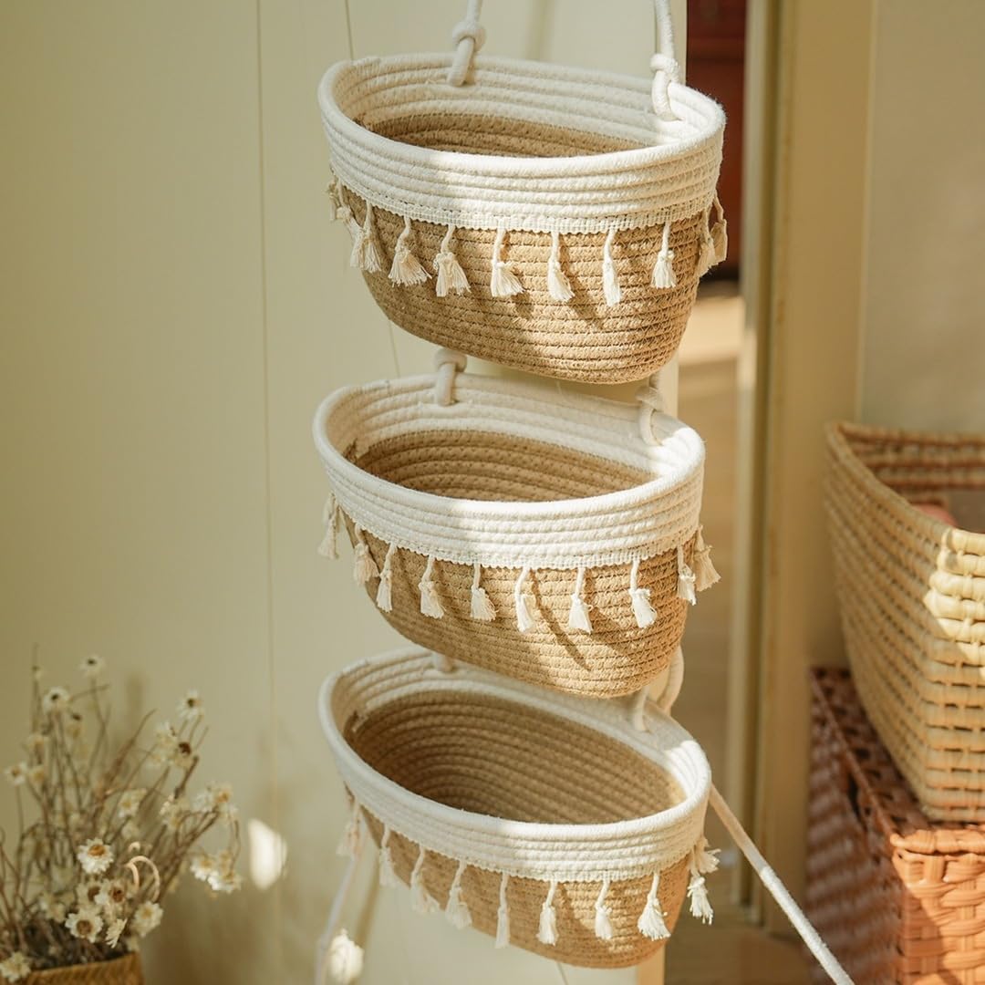 TeoKJ 3-tier cotton rope baskets with tassels for stylish over-the-door storage in the nursery