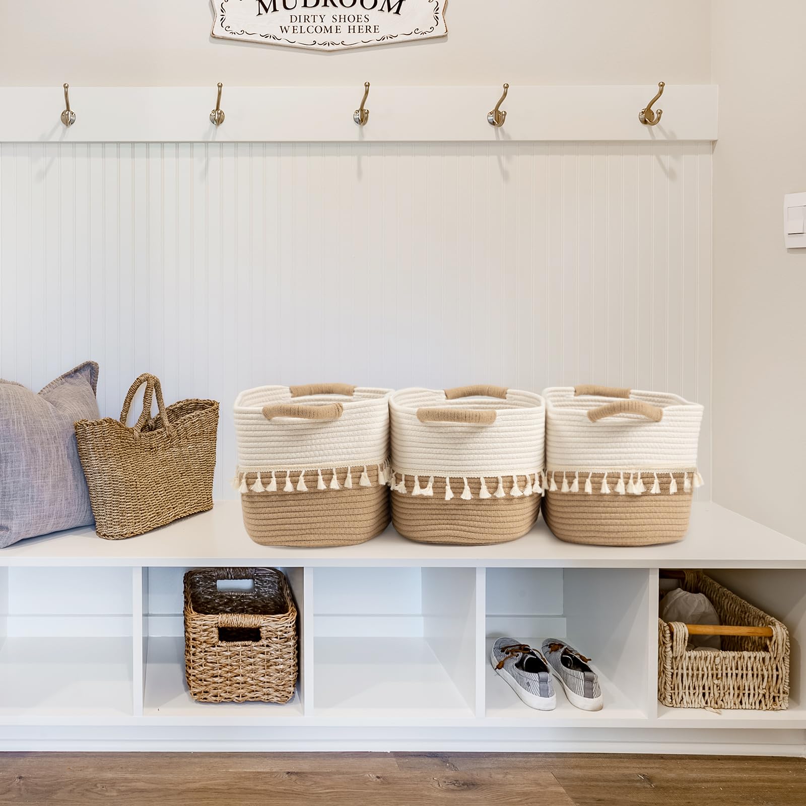 TeoKJ boho storage bins white and jute ideal for closet organization