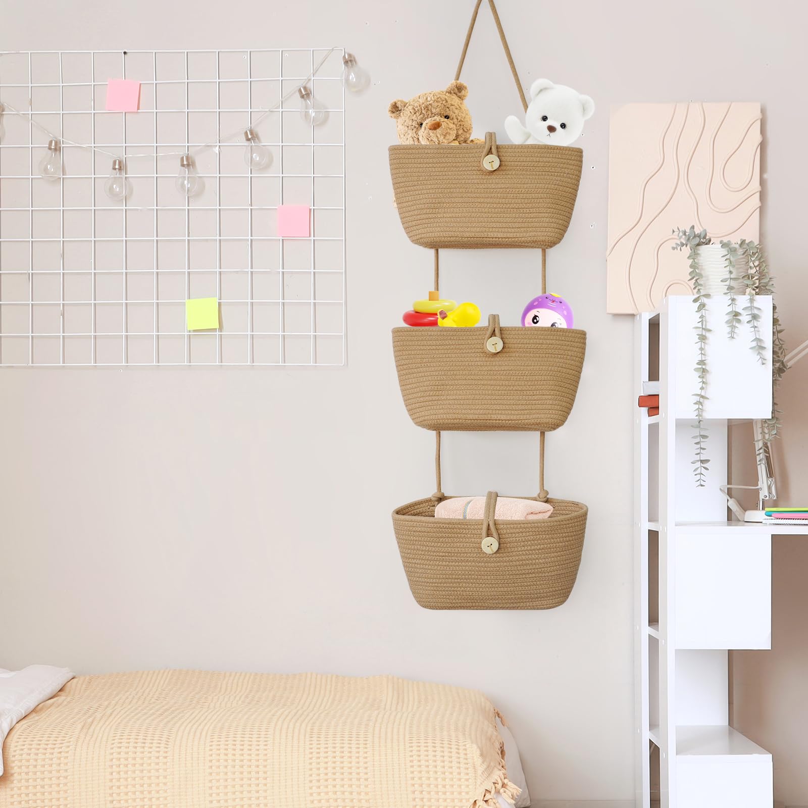 TeoKJ decorative hanging baskets elevate bedroom decor while storing small items.
