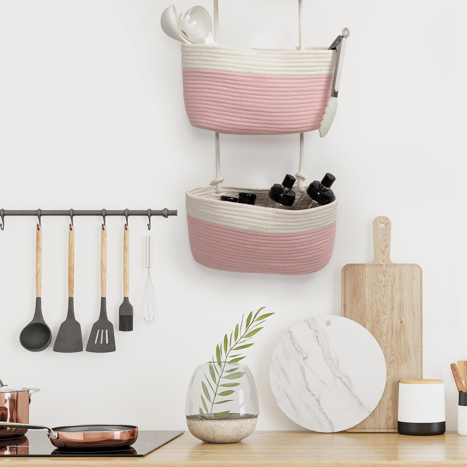 TeoKJ gift-ready nursery storage baskets in pink-white colorway.