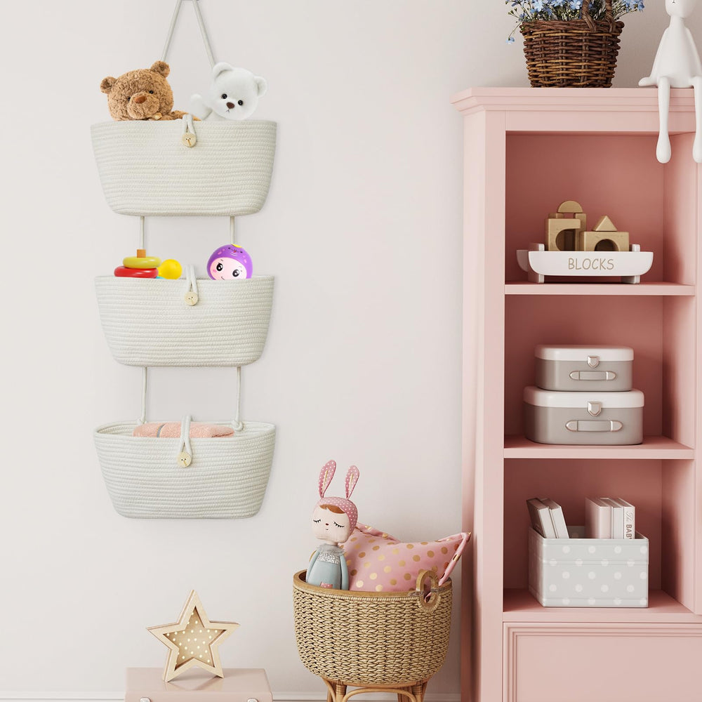 TeoKJ large capacity baskets keep towels, diapers, and toys neatly within reach.