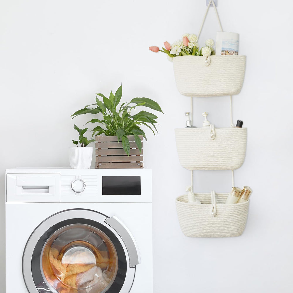 TeoKJ large-capacity hanging basket holds towels and diapers in white.