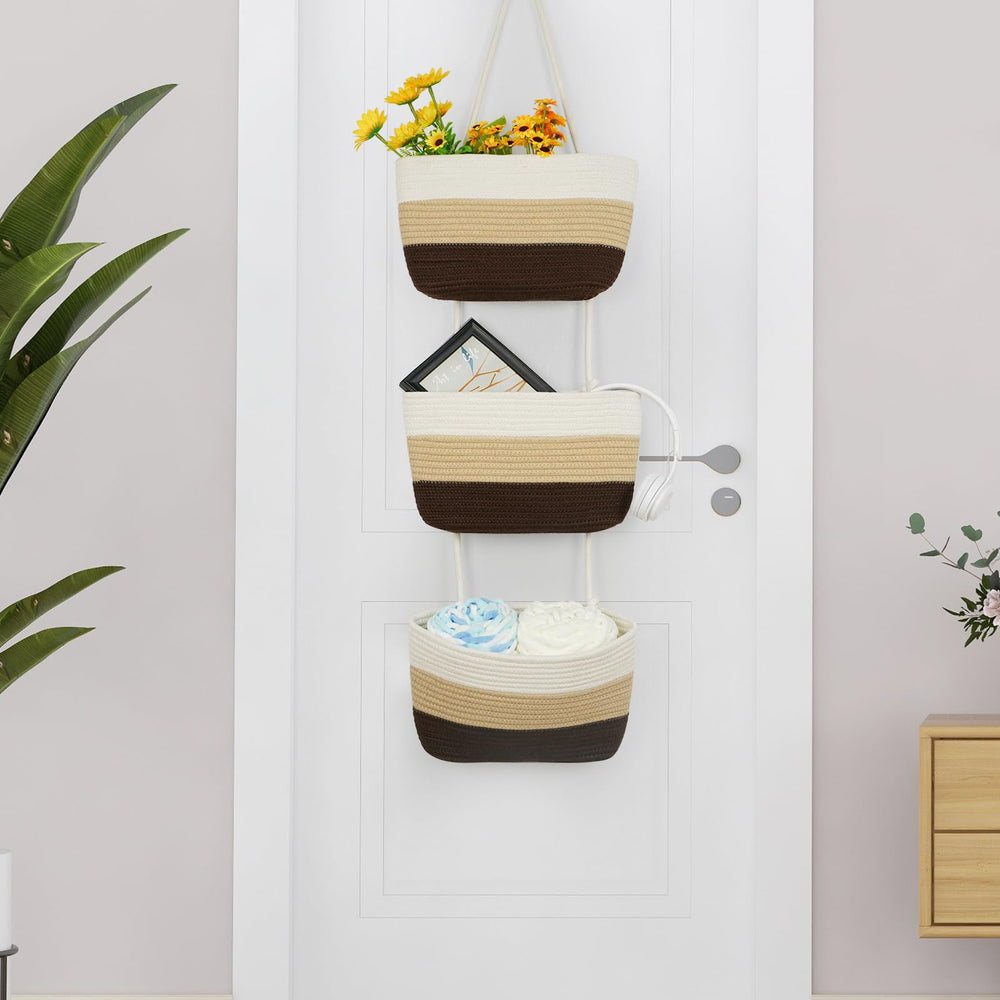 TeoKJ nursery storage baskets in gradient brown in-use for tidy toys and diapers.