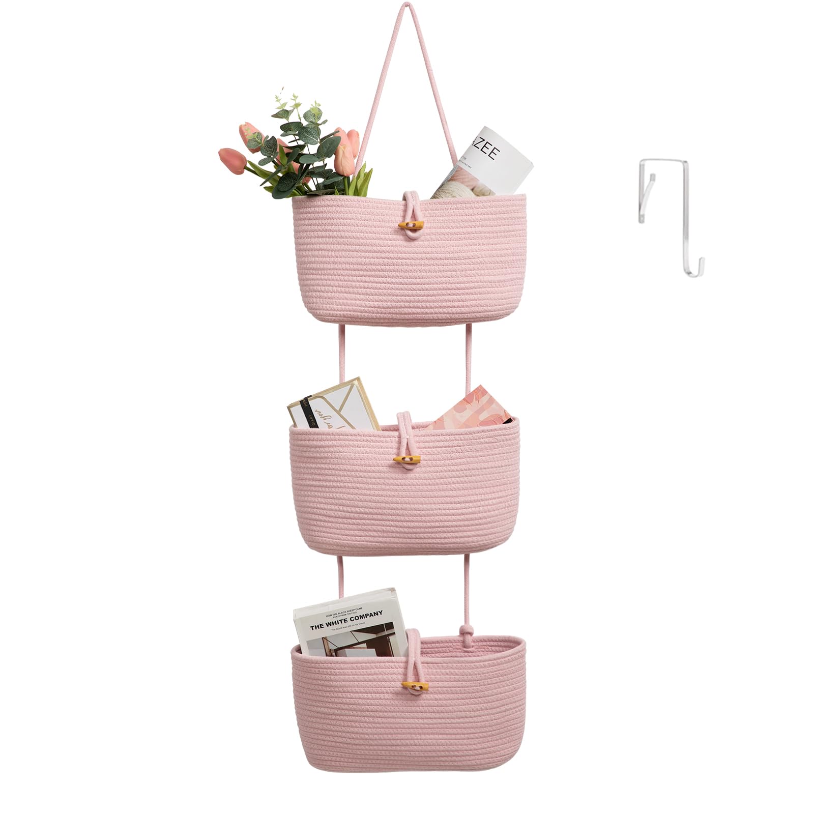 TeoKJ over-the-door pink three-tier basket keeps toys organized.