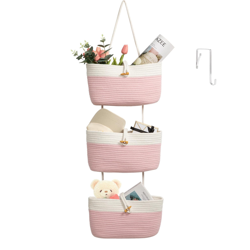 TeoKJ over the door baskets in pink and white for easy nursery organization