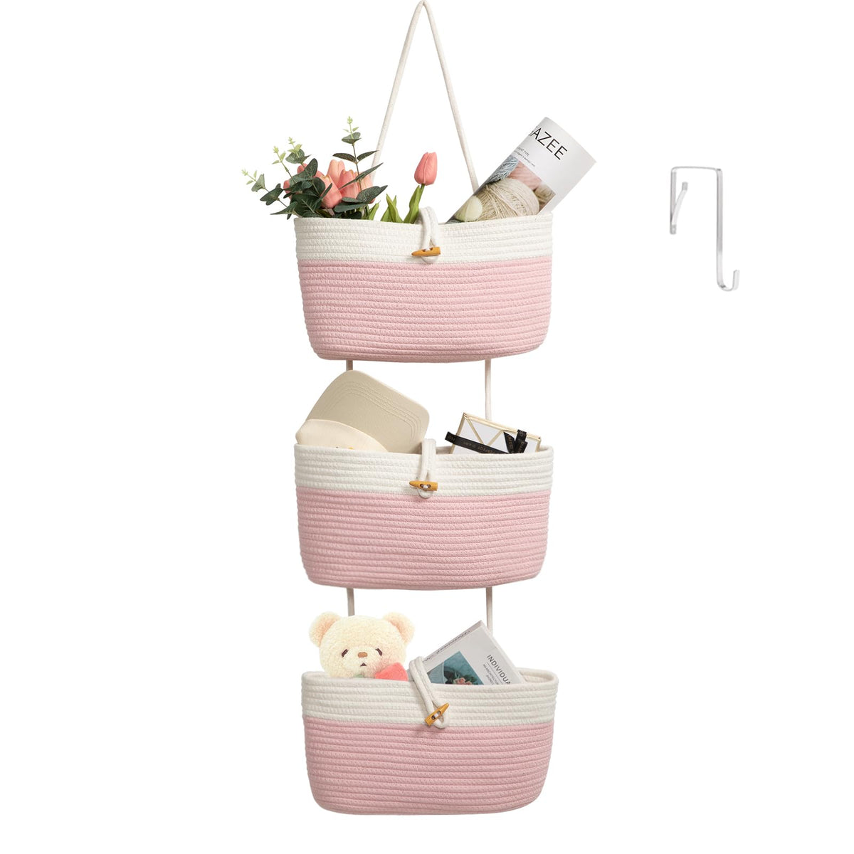 TeoKJ over the door baskets in pink and white for easy nursery organization