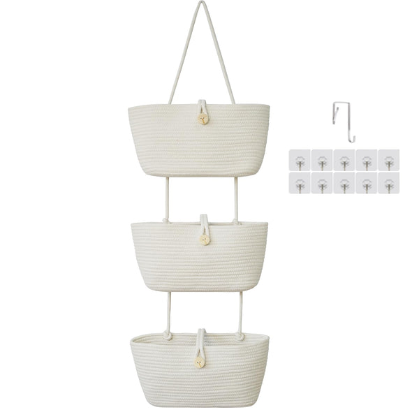 TeoKJ over-the-door cotton baskets with wooden button detail keep nursery items organized.