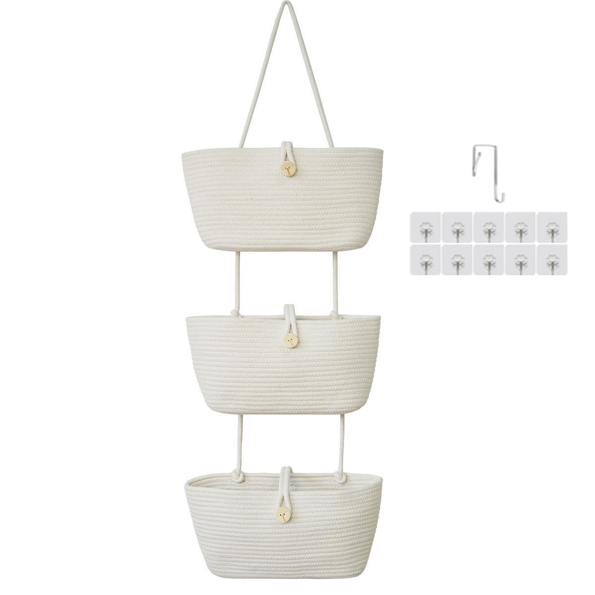 TeoKJ over-the-door cotton baskets with wooden button detail keep nursery items organized.