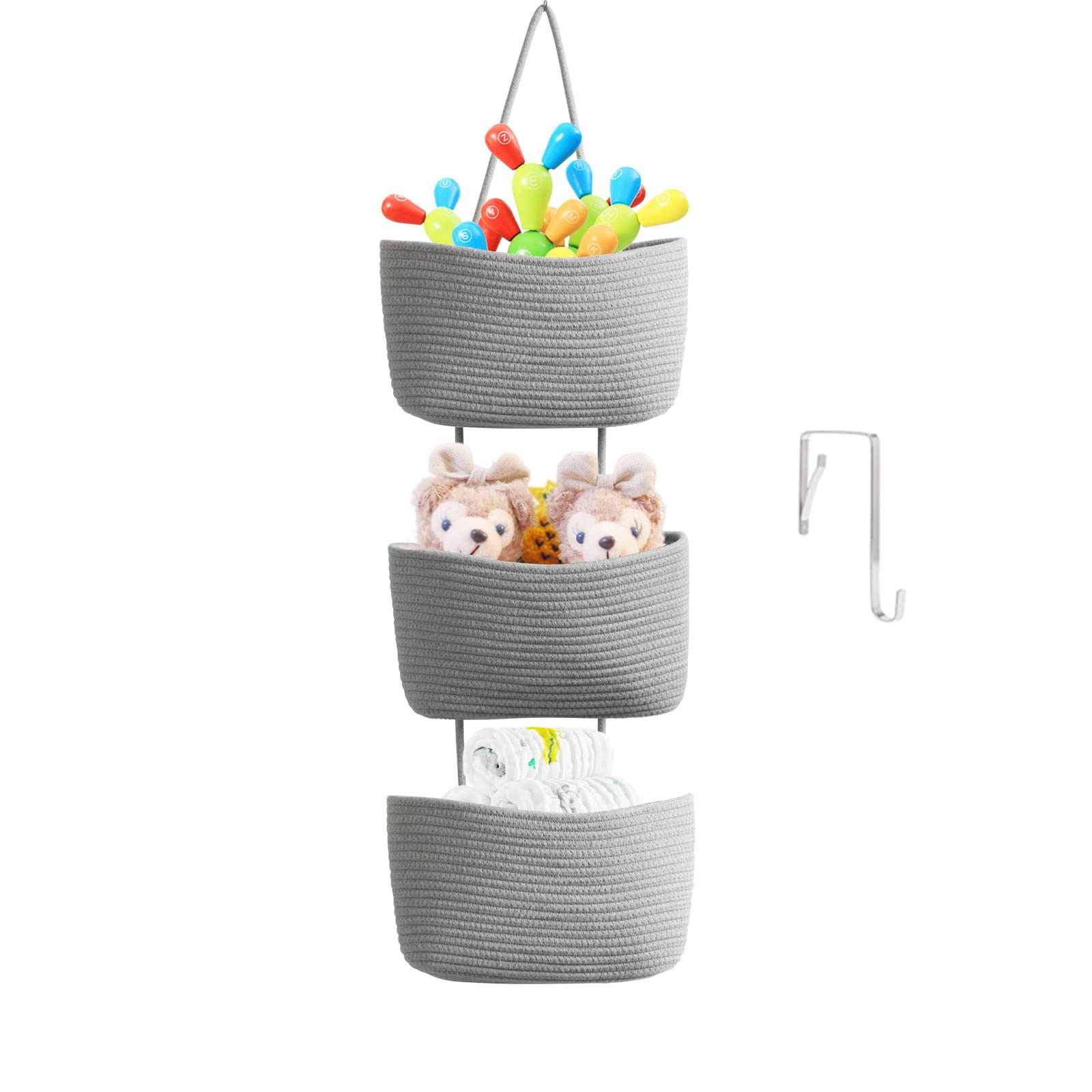 TeoKJ over-the-door organizer three-tier baskets closeup shows sturdy cotton weave for reliable storage.