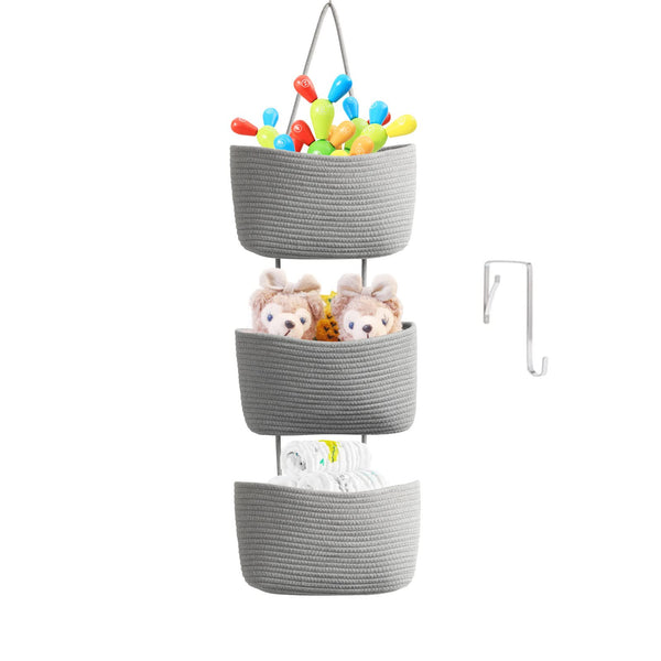 TeoKJ over-the-door organizer three-tier baskets closeup shows sturdy cotton weave for reliable storage.
