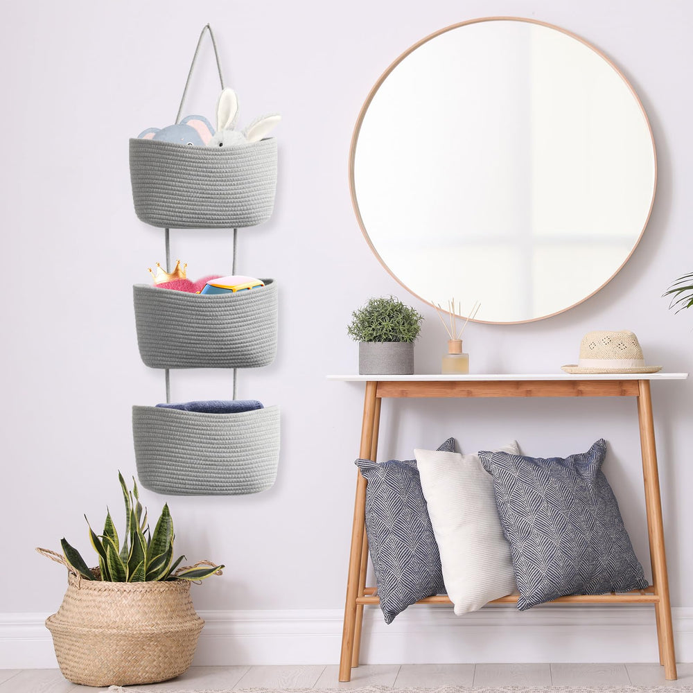 TeoKJ over-the-door baskets used for cosmetics and small tools in a tidy setup.